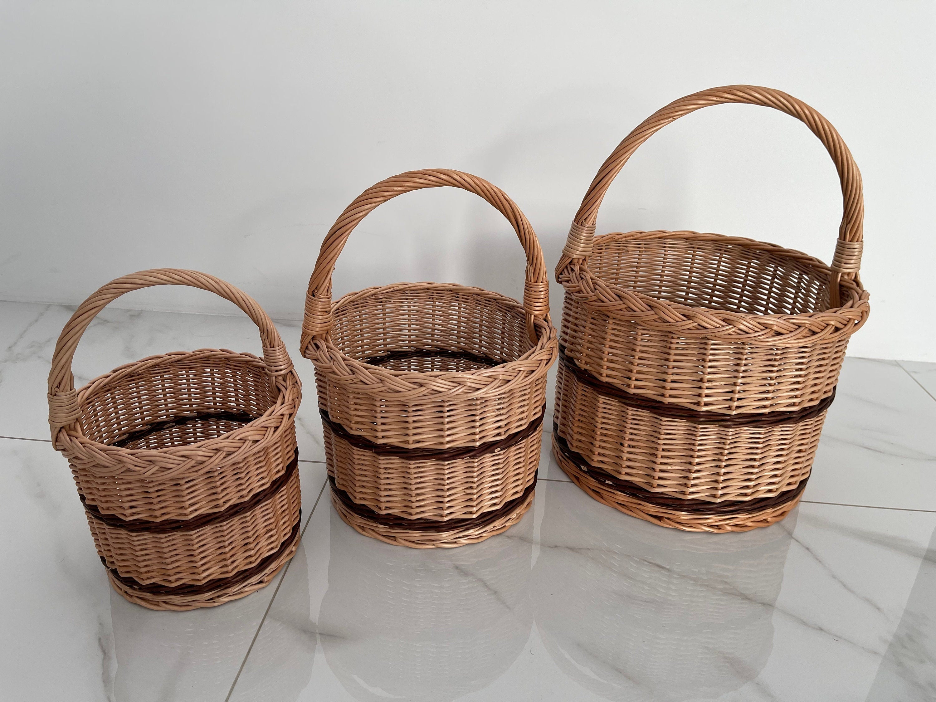 Wicker Shopping Basket, Round Woven Basket with Handle, Willow Market Basket/Picnic, Handwoven Grocery Basket