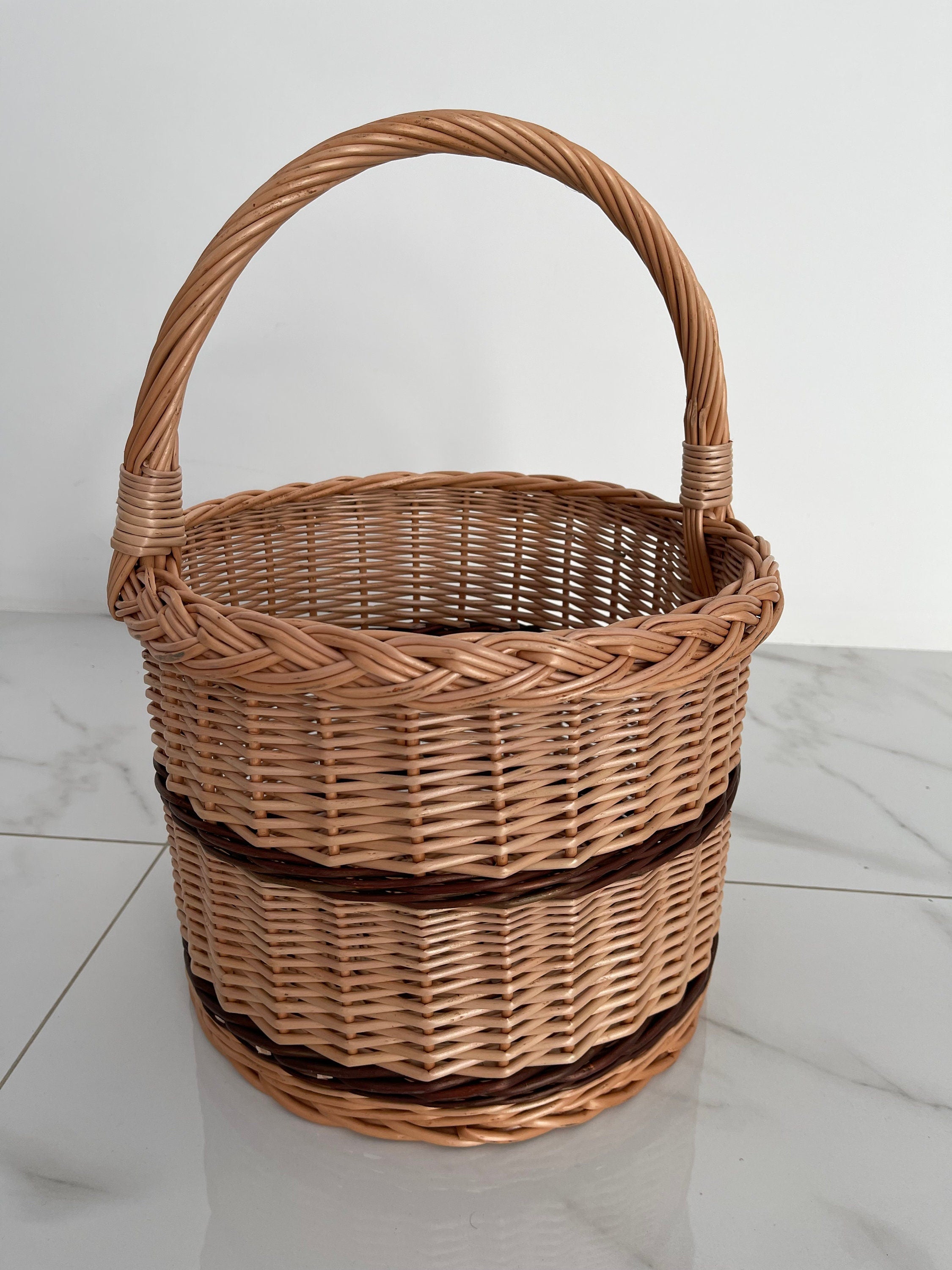 Wicker Shopping Basket, Round Woven Basket with Handle, Willow Market Basket/Picnic, Handwoven Grocery Basket