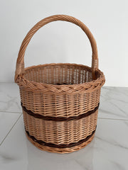 Wicker Shopping Basket, Round Woven Basket with Handle, Willow Market Basket/Picnic, Handwoven Grocery Basket