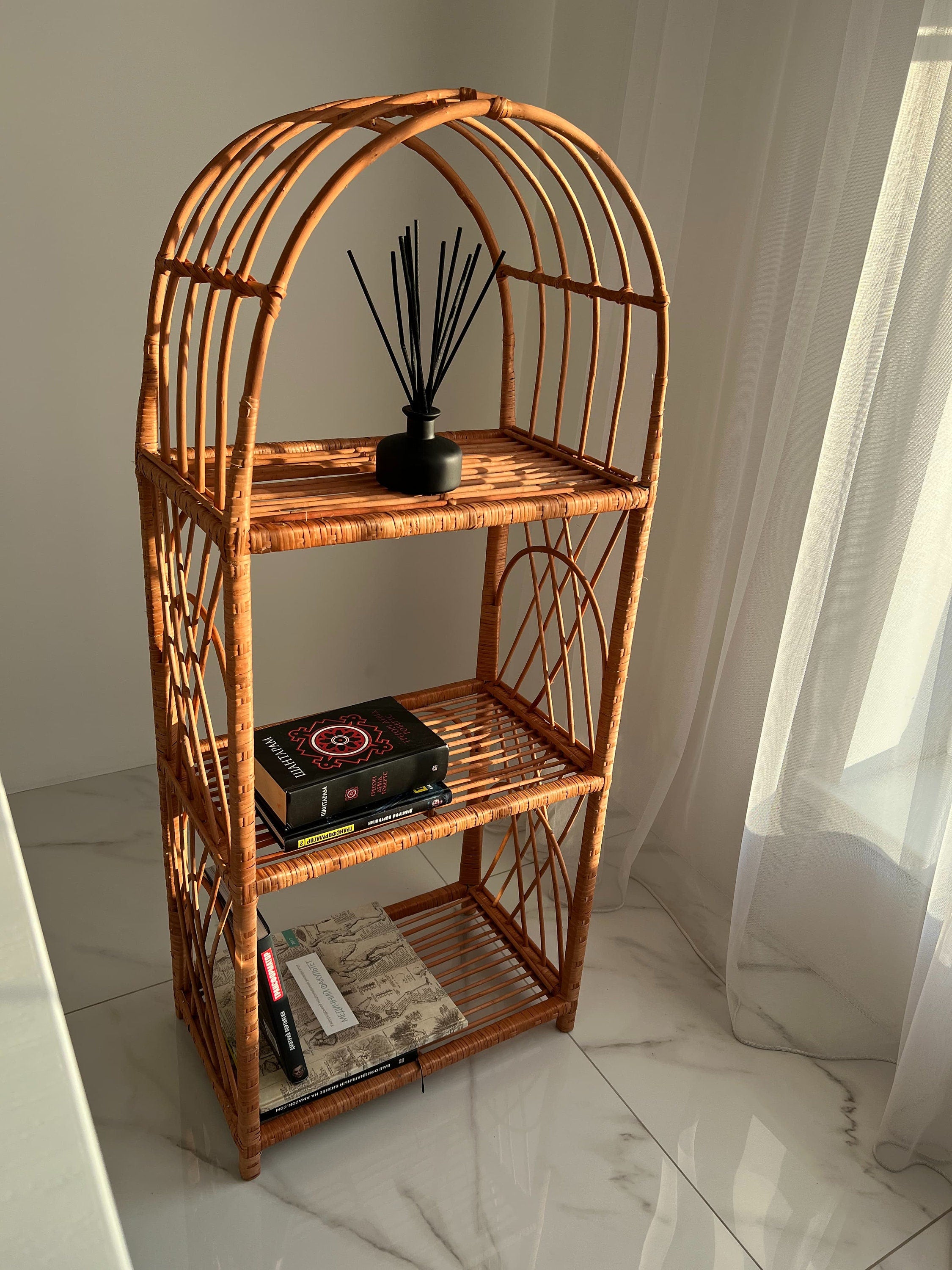 Arched Rattan Shelf, Boho Cabinet, Boho Furniture, Boho Bookshelf, Bohemian Furniture, Wicker Patio, Storage shelf,Plant shelf, Rattan shelf