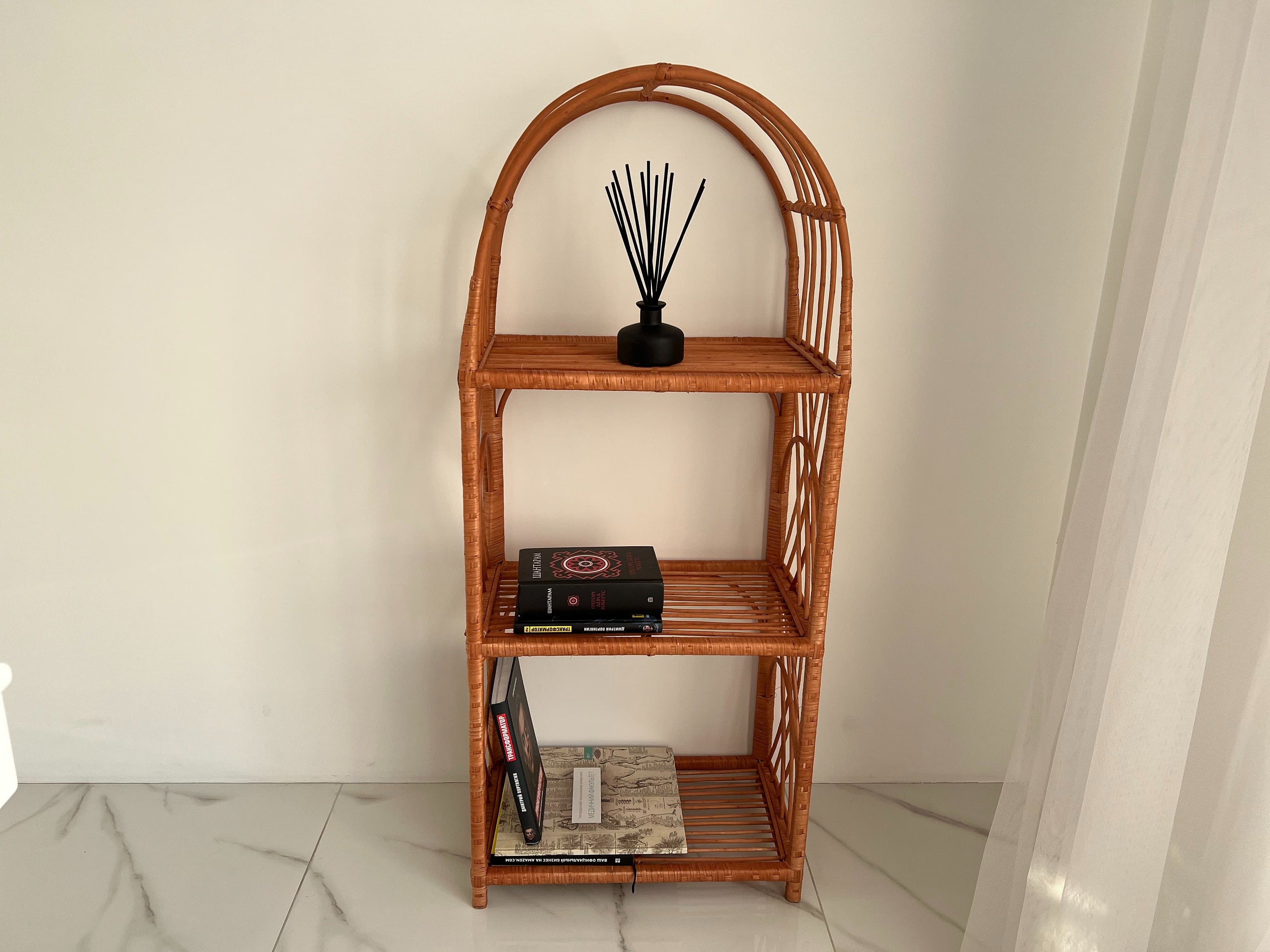 Arched Rattan Shelf, Boho Cabinet, Boho Furniture, Boho Bookshelf, Bohemian Furniture, Wicker Patio, Storage shelf,Plant shelf, Rattan shelf